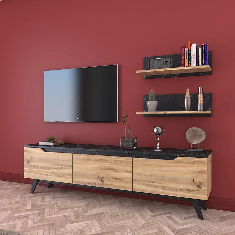 Njësi TV Kasia, ngjyrë lisi dhe mermeri të zi, 180x35x48,5cm