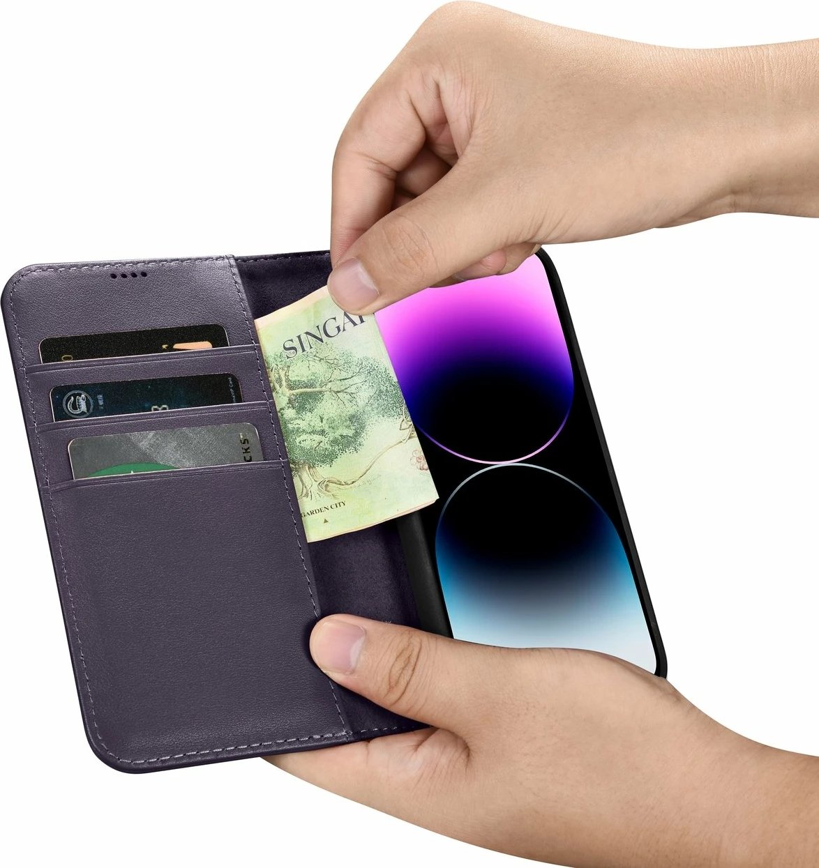 Mbështjellës iCarer Wallet Case 2in1 për iPhone 14 Pro, lëkurë natyrale, Anti-RFID, Vjollcë e errët
