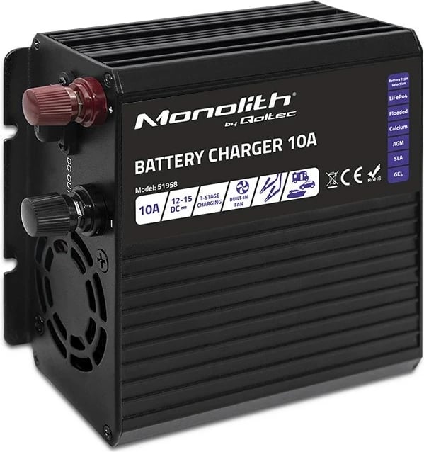 Karikues baterie Qoltec 51958 Smart Monolith për LiFePO4 AGM GEL SLA, 10A, 12V