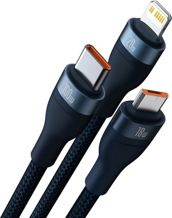 Kabllo 3-në-1 Baseus Flash Series 2, 1.5m, 100W, USB-C + micro USB + Lightning, blu