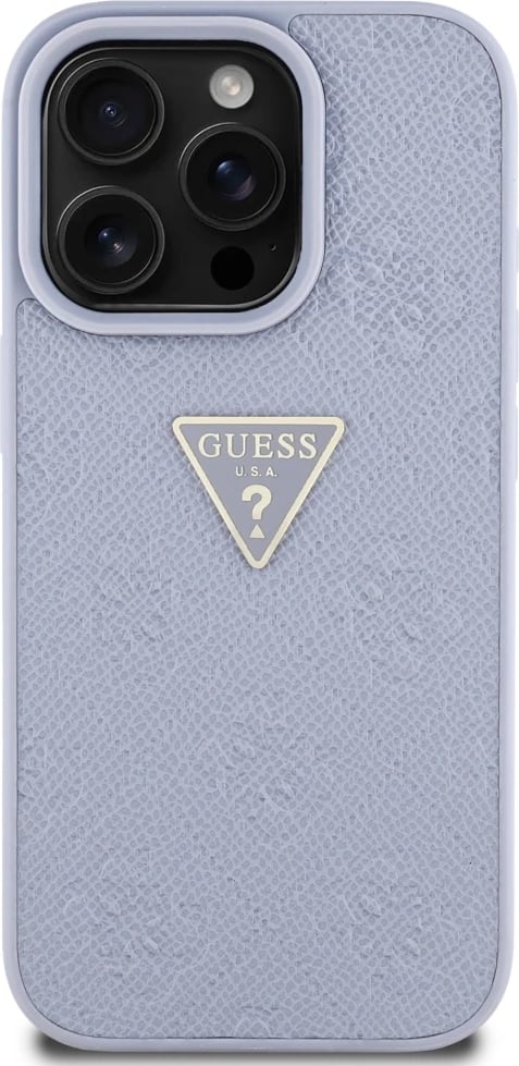 Mbështjellës Guess Hot Stamp 4G Pattern Triangle Metal Logo për iPhone 16 Pro, Vjollcë
