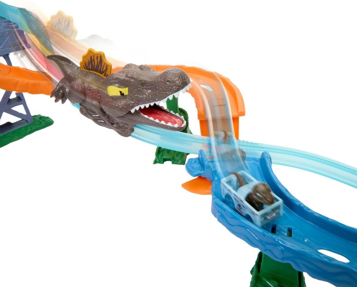 Set loje Hot Wheels RacerVerse Jurassic World Marine Dinosaur Chase Track, Velociraptor, shumëngjyrësh