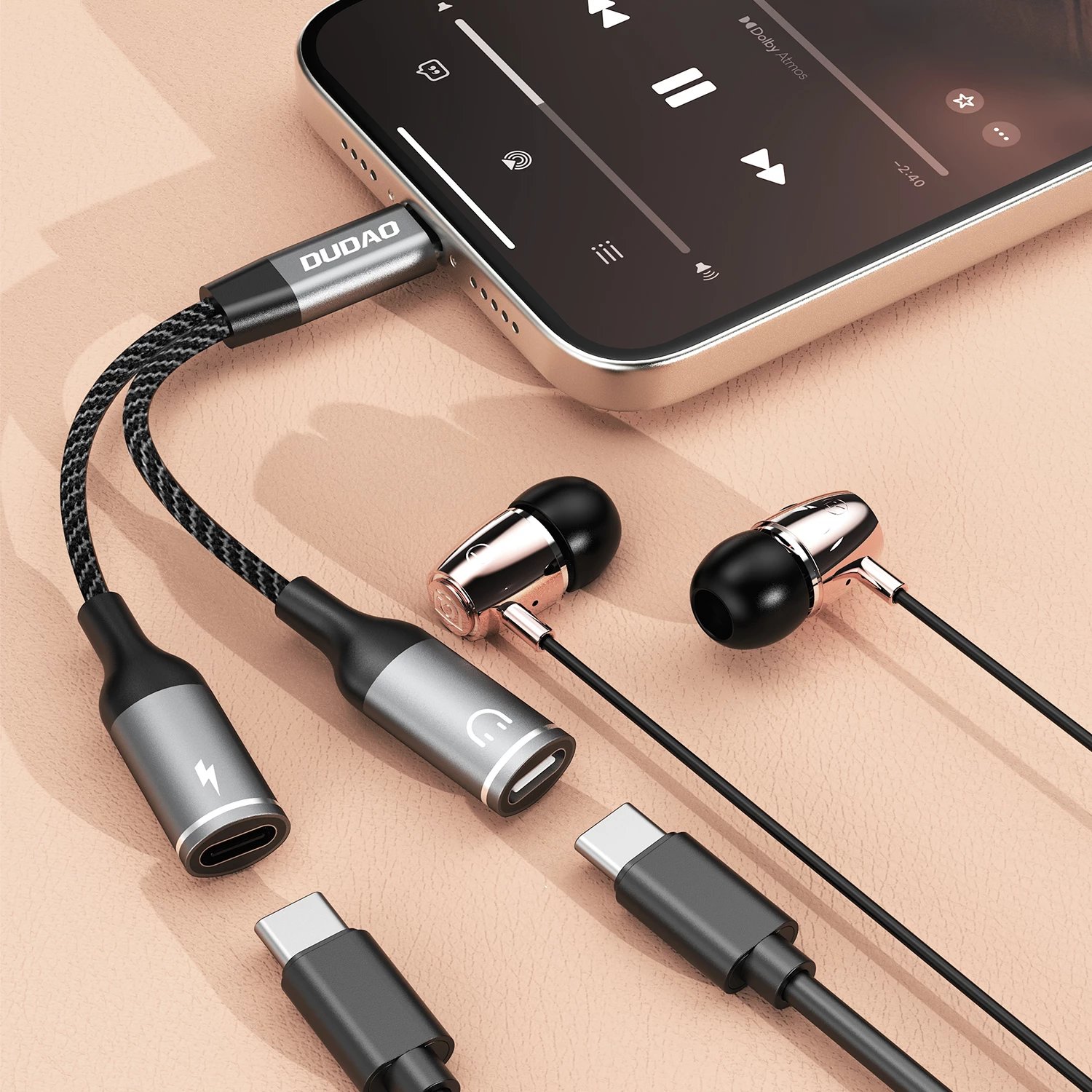 Adapter USB-C Dudao L13C+ 2-në-1, 1.2m, Gri