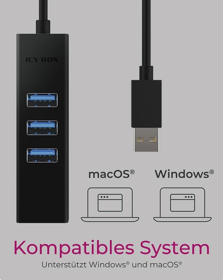 Adapter USB dhe LAN ICY BOX IB-HUB1419-LAN, USB 3.2 Gen 1, 10,100,1000 Mbit/s, i zi