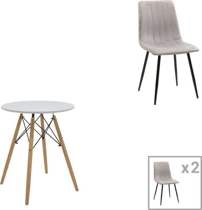 Tavolinë me karrige Julita-Noor, set 3 copë, MDF e bardhë, këmbë natyrale, 60x76cm
