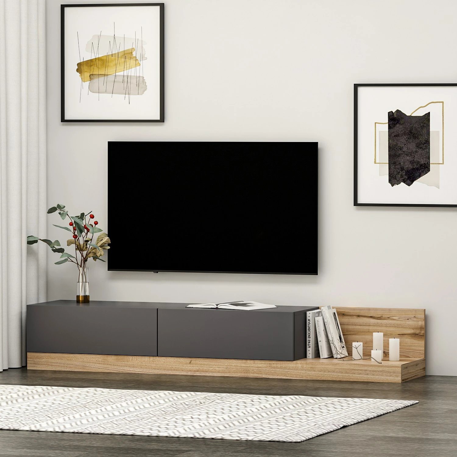 Komodë TV Skye Decor, ngjyrë antracit dhe arre, Majör