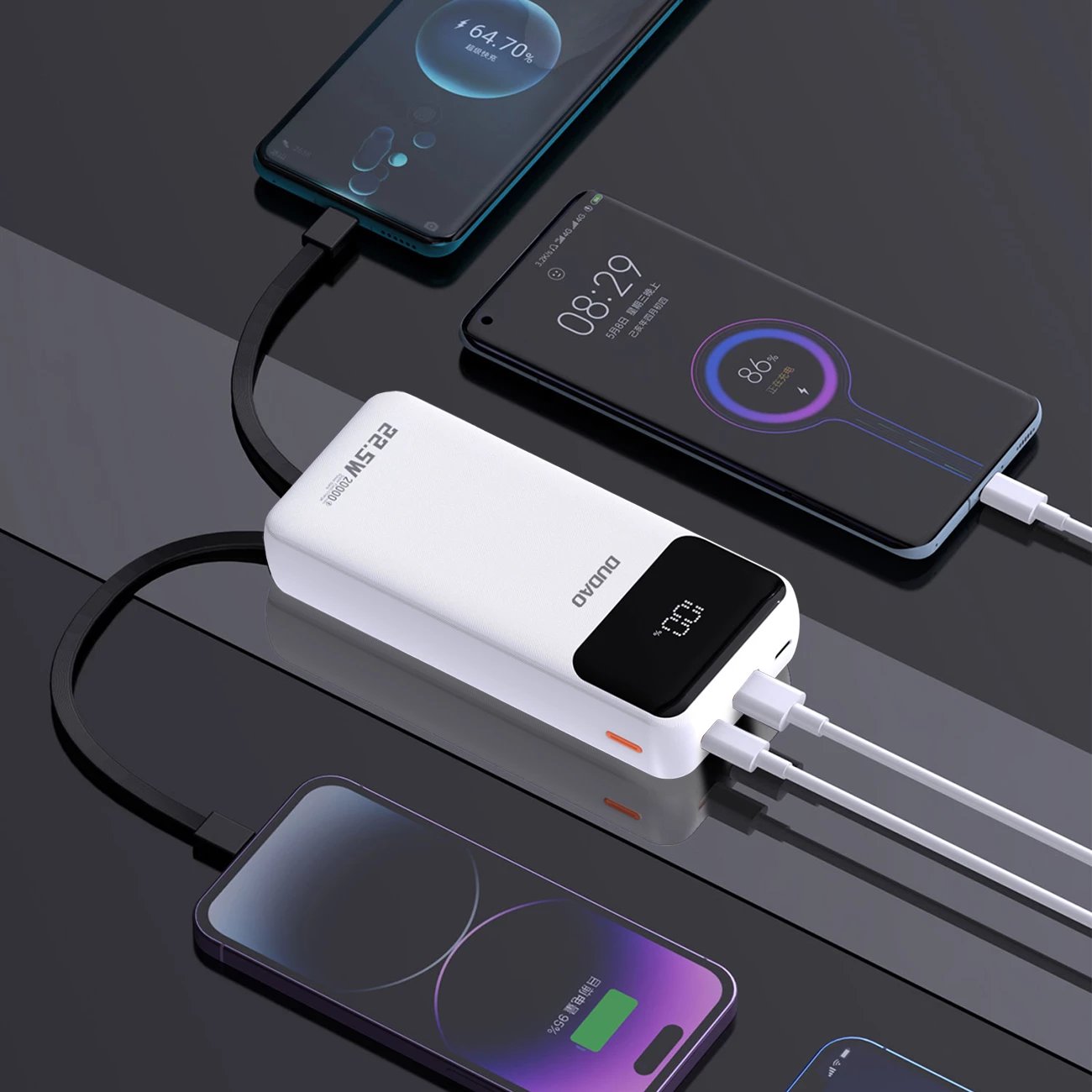 Powerbank Dudao K15Pro, 20000mAh, 22.5W, me kabllo të integruara Lightning dhe USB-C, Bardhë