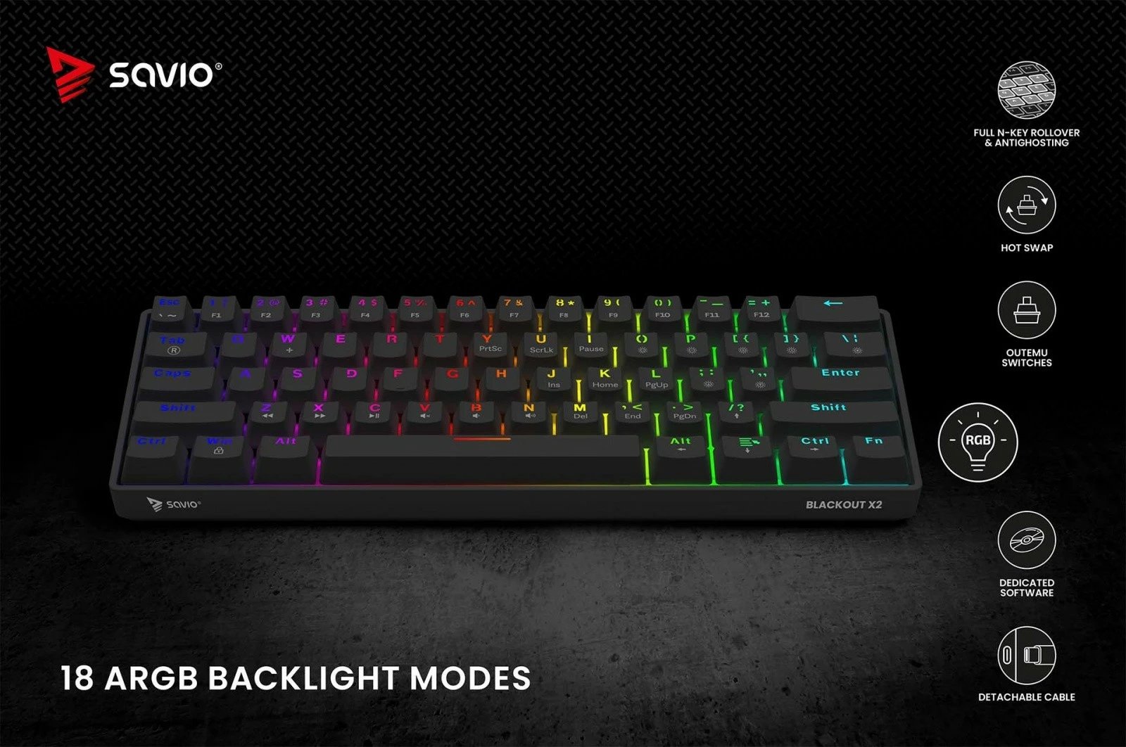 Tastierë mekanike Savio Blackout X2 OUTEMU Brown, 60%, ARGB, Hot Swap, e zezë