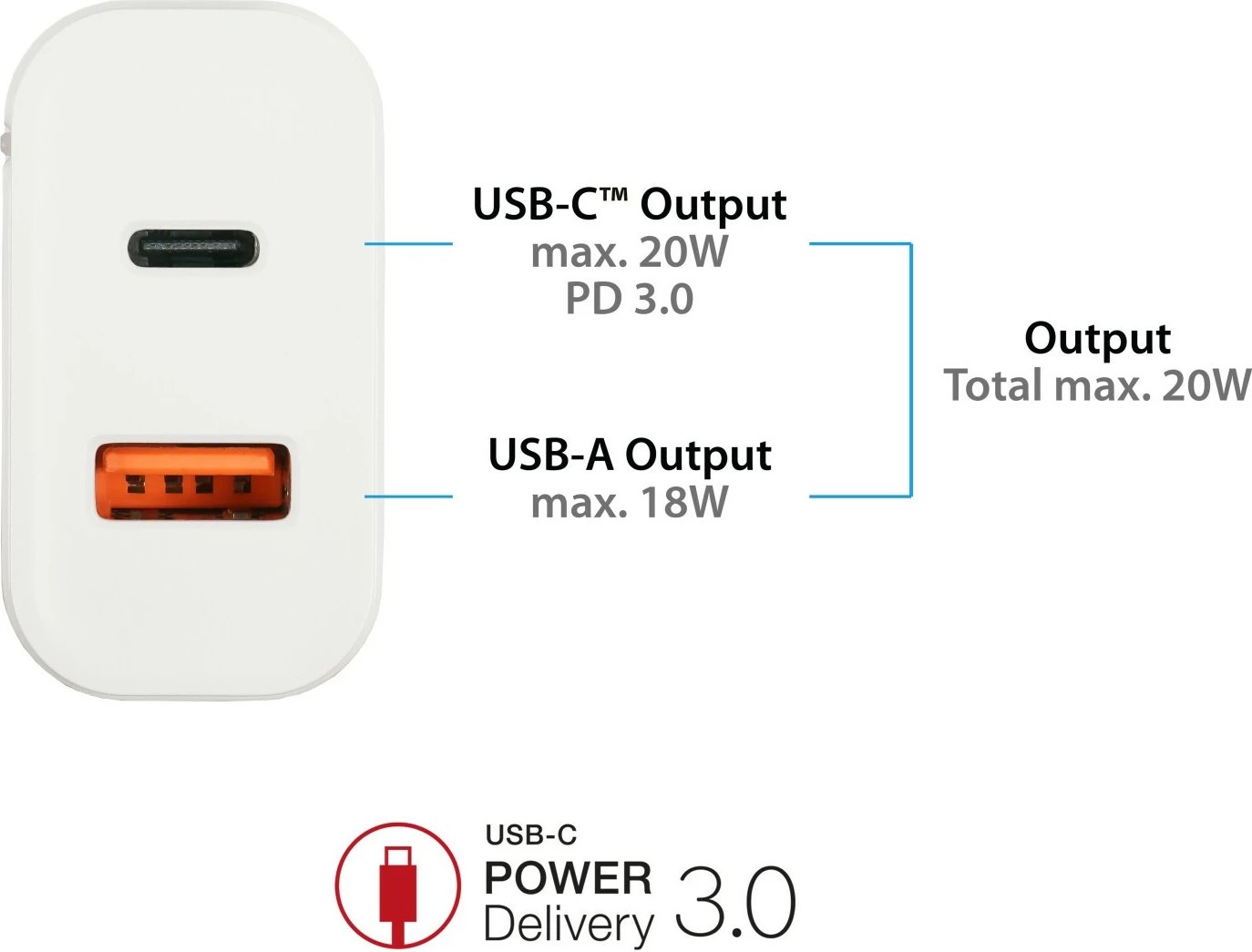 Karikues i shpejtë USB 20W, 2-port (1x USB A, 1x USB C™), PD 3.0, bardhë, Good Connections®