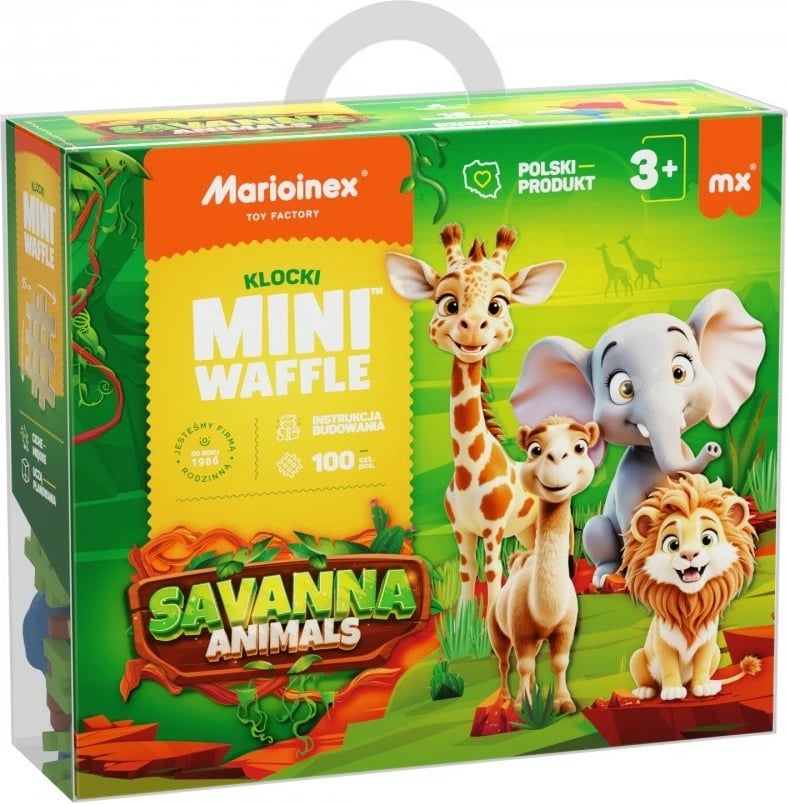 Set lodrash ndërtimi Marioinex Mini Waffle Blocks Savannah Animals, 100 pjesë