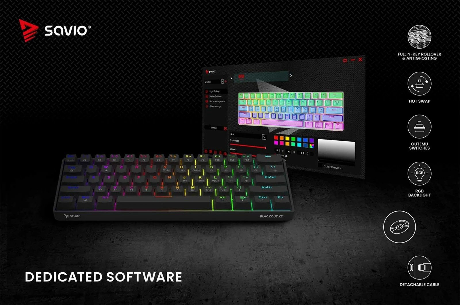 Tastierë mekanike Savio Blackout X2 OUTEMU Brown, 60%, ARGB, Hot Swap, e zezë