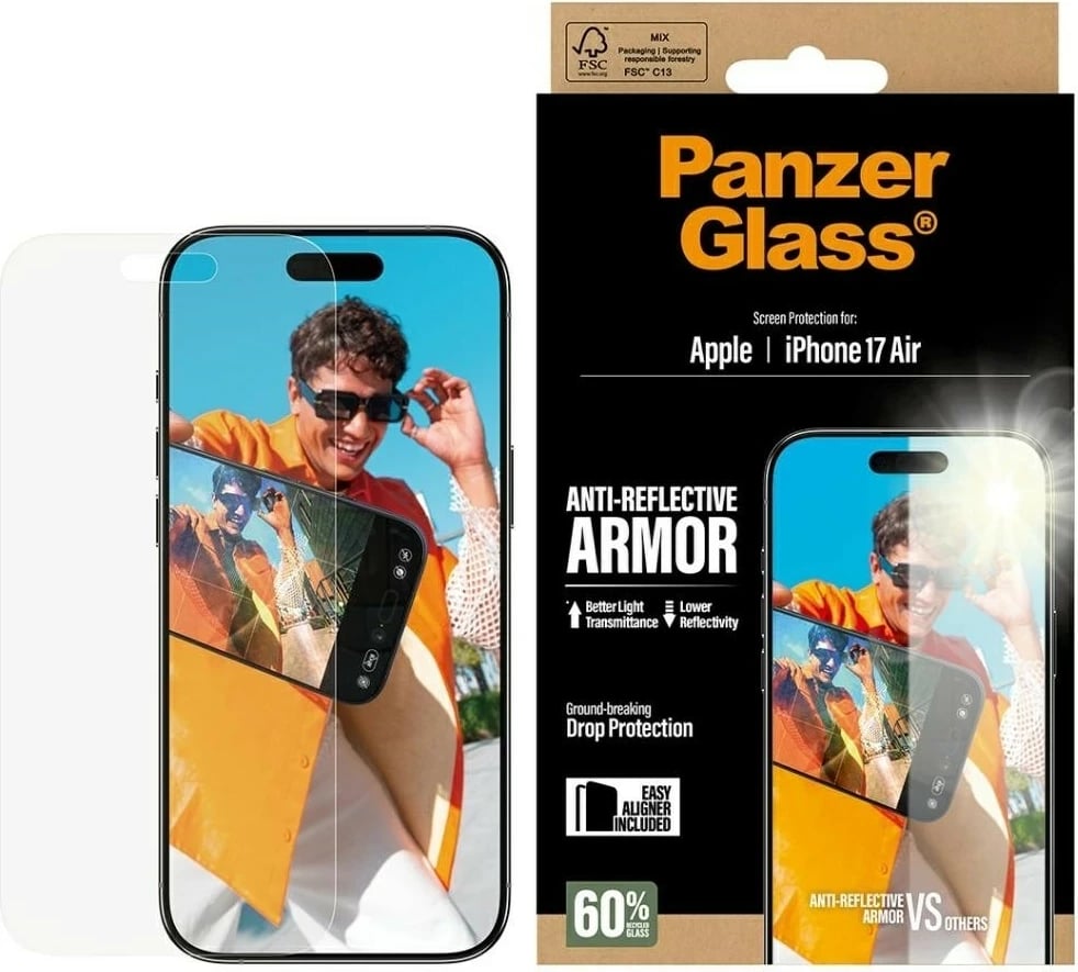 Mbështjellës xhami PanzerGlass Armor Anti-Reflective EasyAligner për iPhone 17 Air transparent