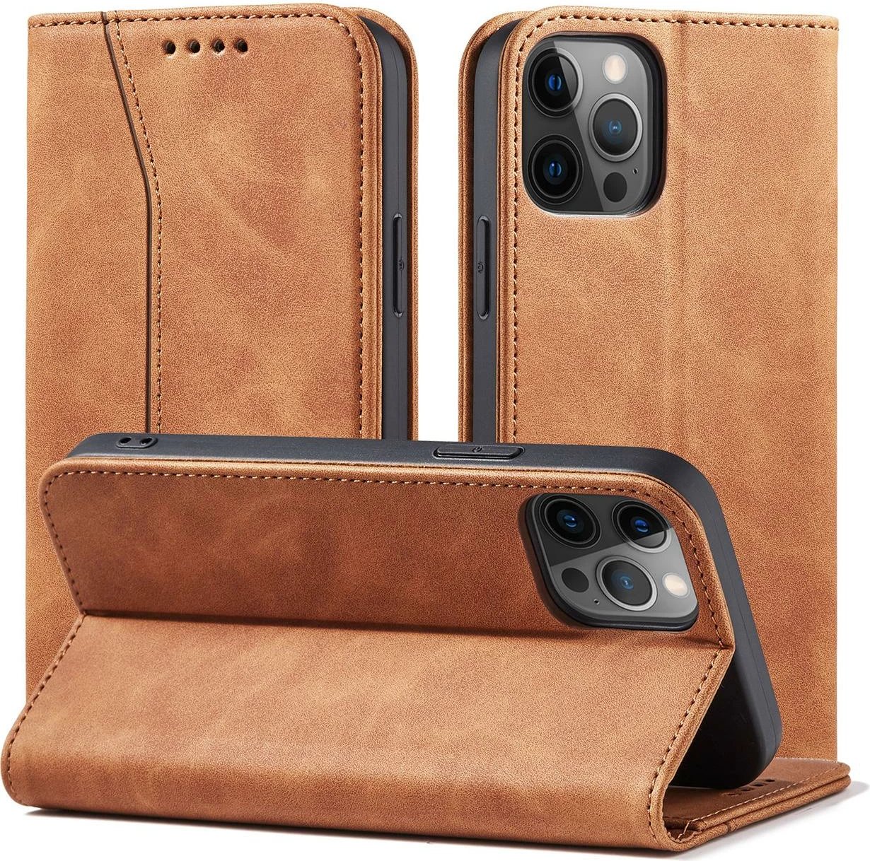 Mbështjellës Hurtel Magnet Fancy Case për iPhone 12 Pro Max, me portofol dhe mbajtëse, Kafe
