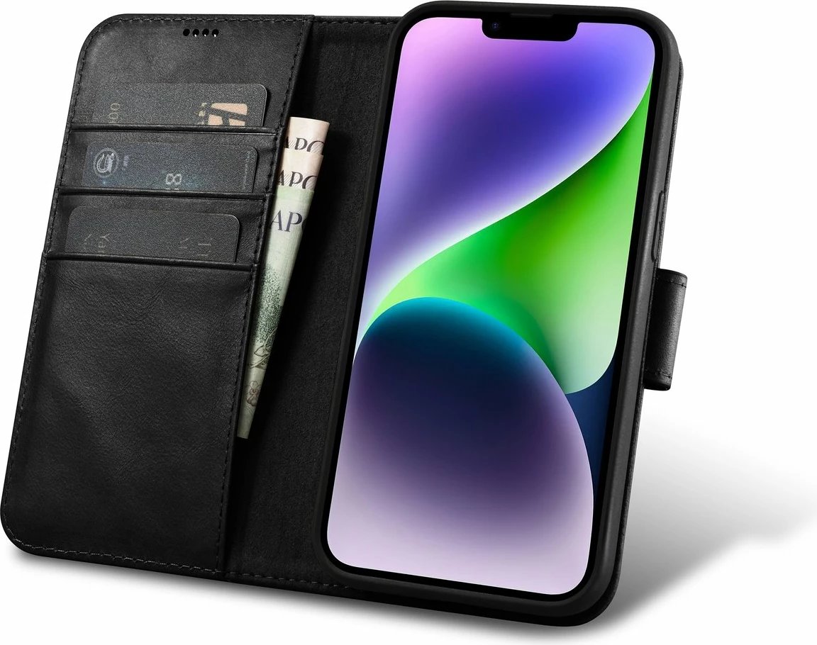 Mbështjellës iCarer Oil Wax Wallet Case 2in1 për iPhone 14, lëkurë natyrale, Anti-RFID, e zezë