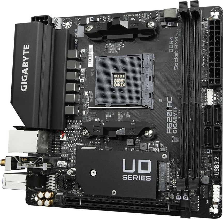 Pllakë amë Gigabyte A520I AC, Socket AM4, DDR4, Wi-Fi, PCIe 3.0 M.2, e zezë