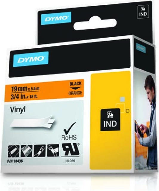 Kasetë etiketime Dymo RhinoPRO 18436 19mm x 5.5m vinyl, zi në portokalli
