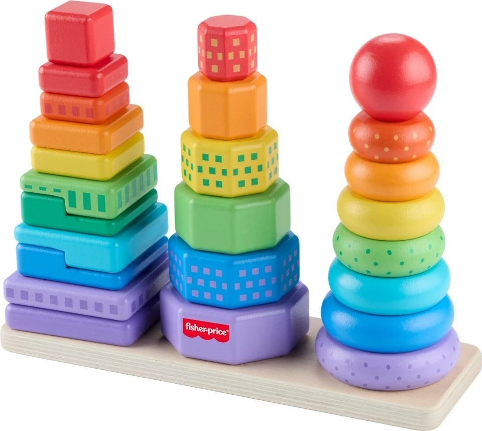 Lodër edukative prej druri Fisher Price HXT76, piramidë për renditje formash, shumëngjyrëshe, 25 pjesë