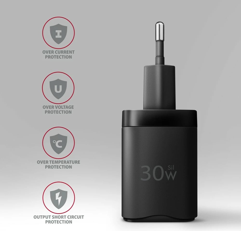 Mbushës muri AXAGON ACU-PQ30, 30W, 2 porta (USB-A QC3.0/4.0 + USB-C PD3.0), i zi