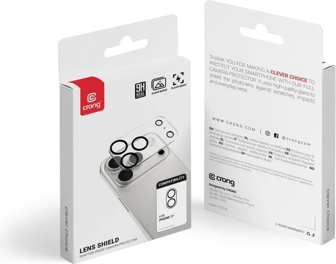Xham i kalitur për kamerë, CRONG, CRGLSIP1763, 9H, për iPhone 17, transparent, paketim 1 copë