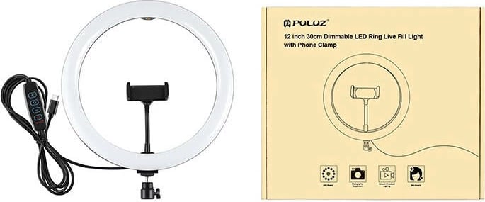 Ring light Puluz PU656B me mbajtëse telefoni, rregullim intensiteti, 30cm, bardhë