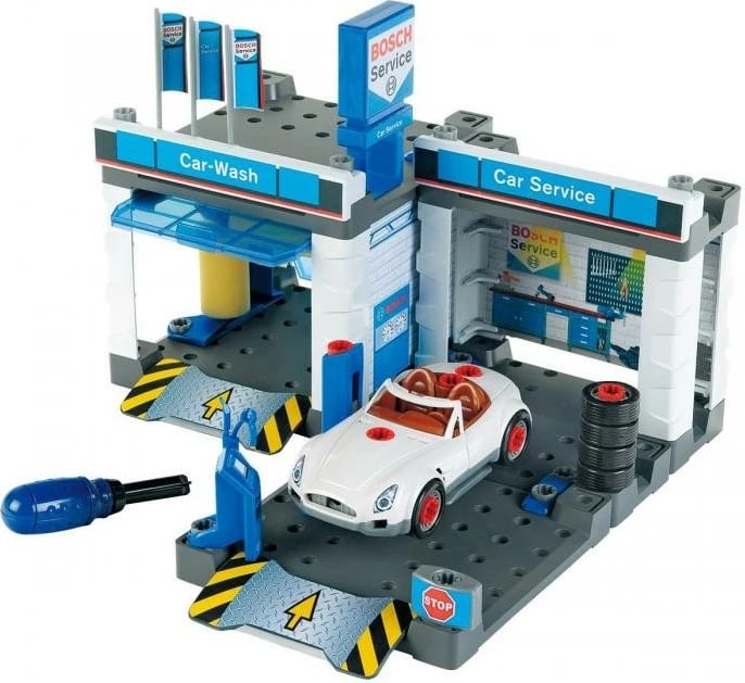 Set lodrash servis makinash Bosch Klein 8647, me lavazh dhe makinë sportive, për fëmijë, Azure/Blu/Gri
