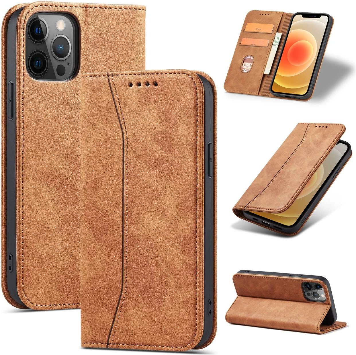 Mbështjellës Hurtel Magnet Fancy Case për iPhone 12 Pro Max, me portofol dhe mbajtëse, Kafe