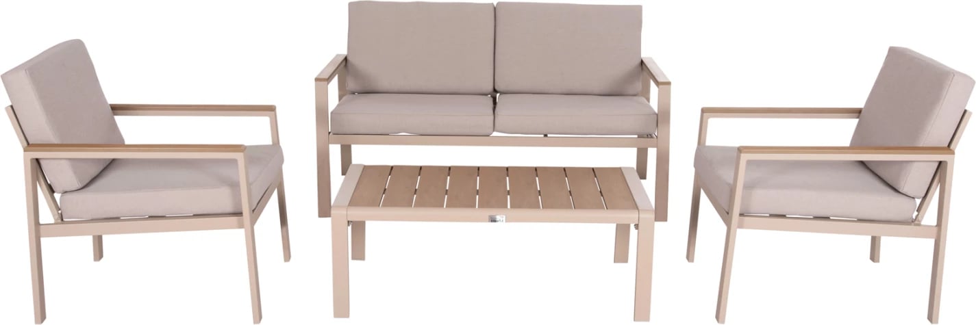 Set lounge për jashtë, 4 pjesë, SAFIN FH6278.04, alumin, ngjyrë kapuçino, polywood, stof OLEFIN, bezhë