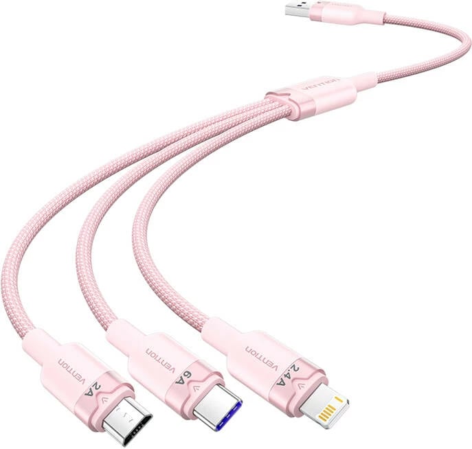 Kabllo 3-në-1 Vention CTRPG, 1.5m, USB 2.0 A në USB-C/Lightning/Micro-B, Rozë