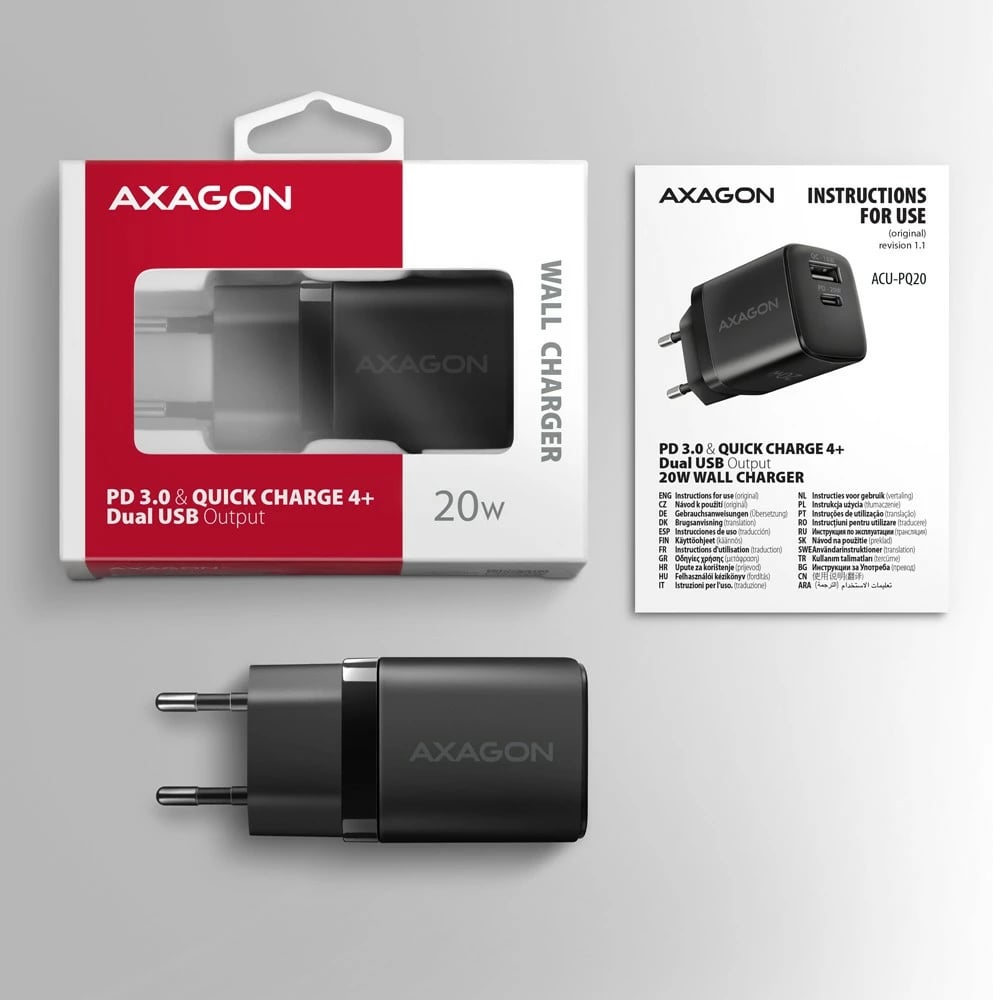 Karikues muri AXAGON ACU-PQ20, 20W, 2 porta (USB-C PD + USB-A QC), i zi