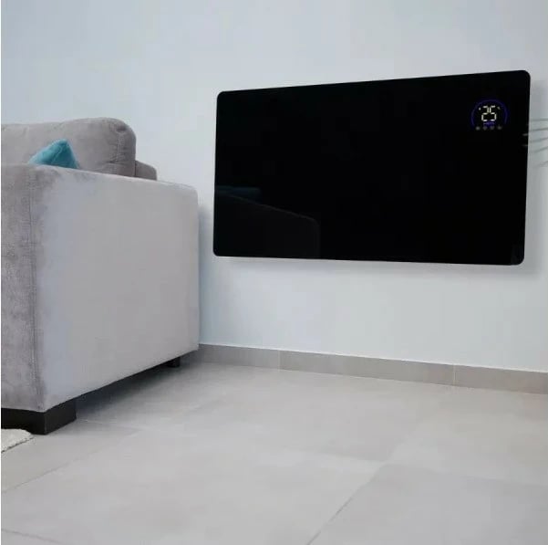 ngrohës panelor me infra të kuqe prej xhami, MPM MUG-23, 600W, Wi‑Fi Tuya, telekomandë, ekran LED, montim në mur ose me këmbë, e zezë