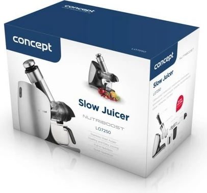 Shtrydhëse e ngadaltë frutash-perimesh, Concept Nutriboost LO7250, 200 W, 0.6 L, vidë çeliku inox, gryka 76 mm, 65 dB, e zezë/krom