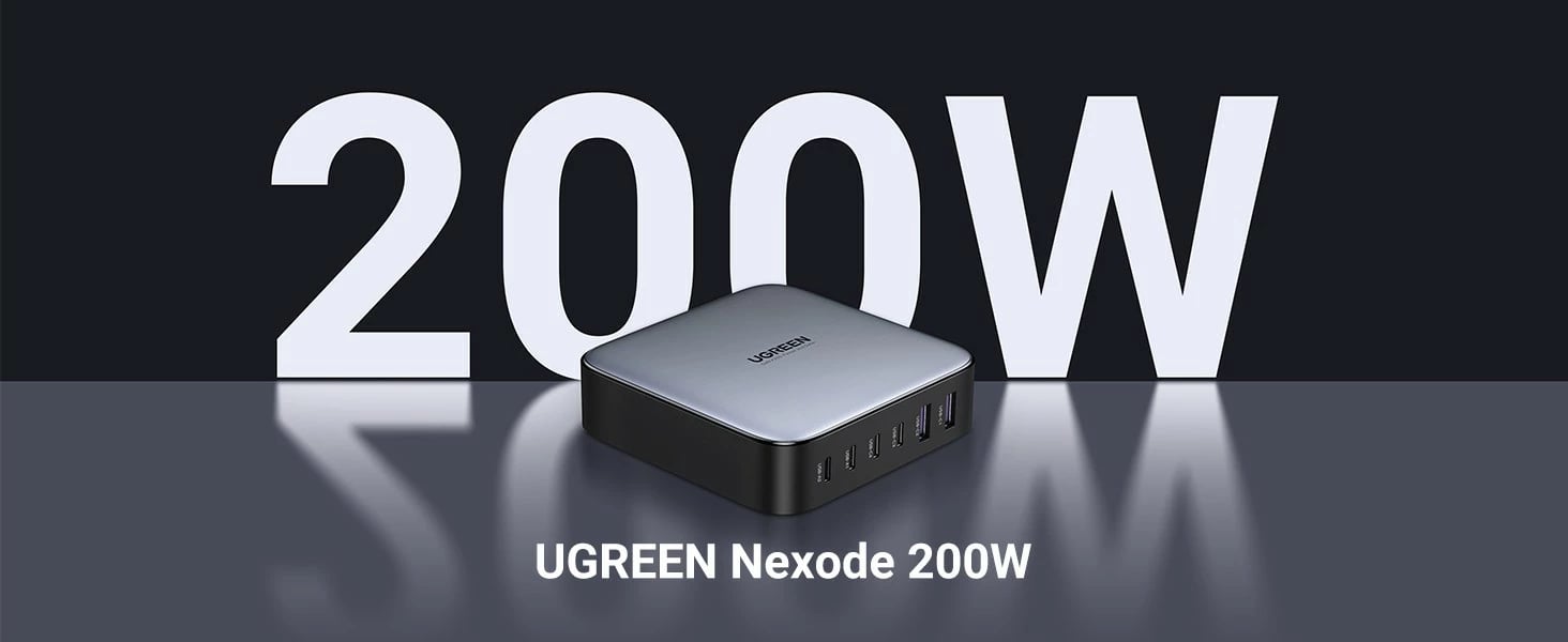 Karikues desktop Ugreen Nexode 40914, 200W, GaN, USB-C/USB-A, i zi/gri