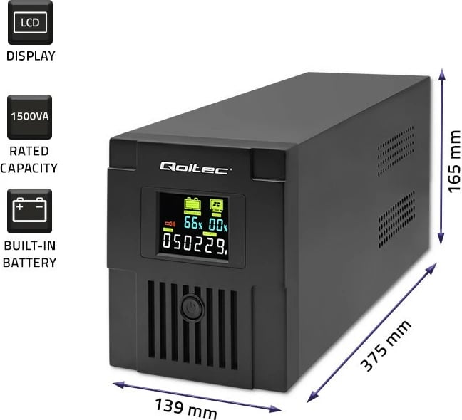 Kasë UPS Qoltec Monolith 1500VA 900W me LCD, USB, e zezë