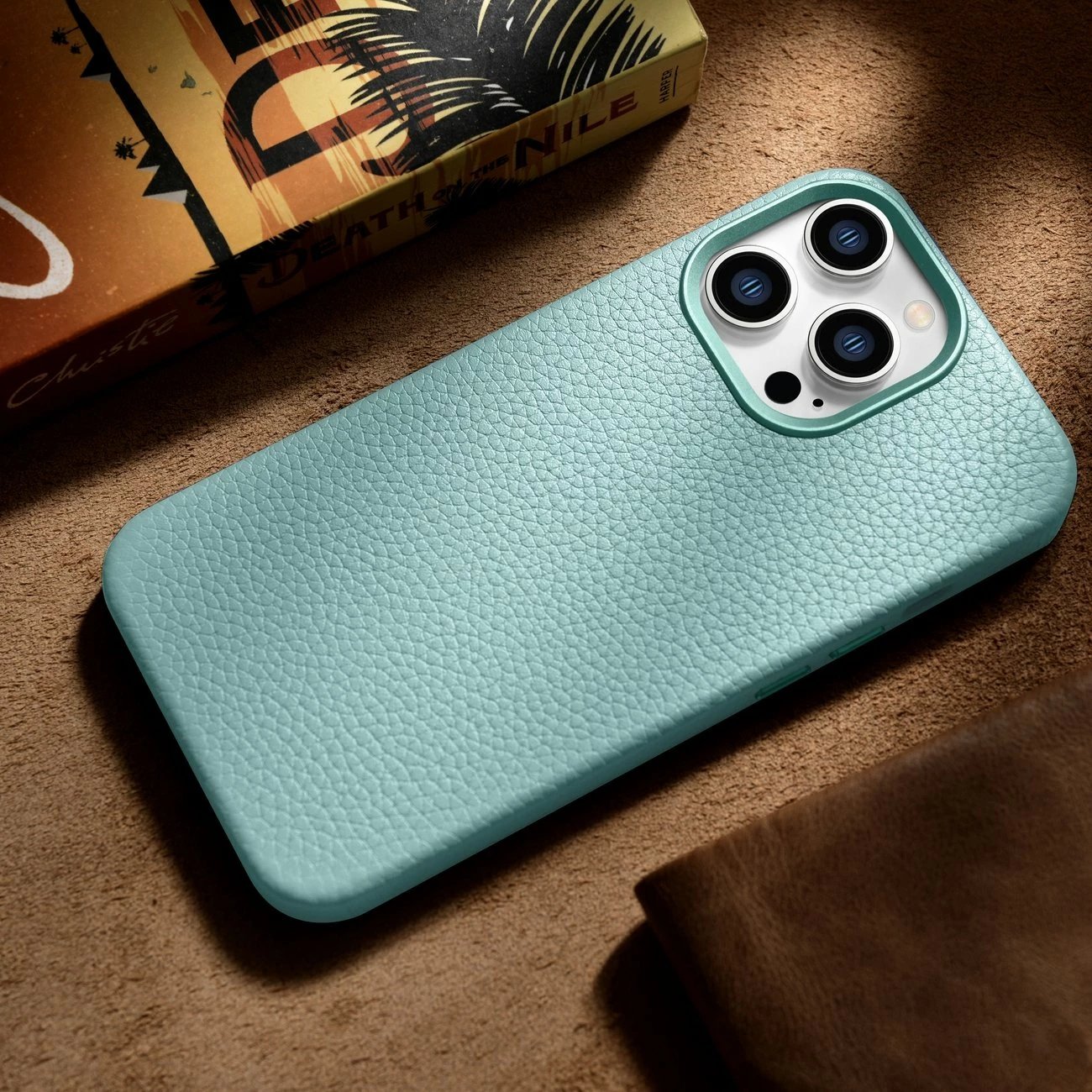 Mbështjellës iCarer Litchi Premium për iPhone 14 Pro, lëkurë natyrale, MagSafe, Jeshil