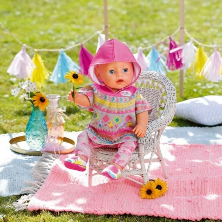 Set rrobash për kukulla BABY born Deluxe Trendy Poncho, Zapf, 43cm, rozë/gri/verdhe/blu, me çizme