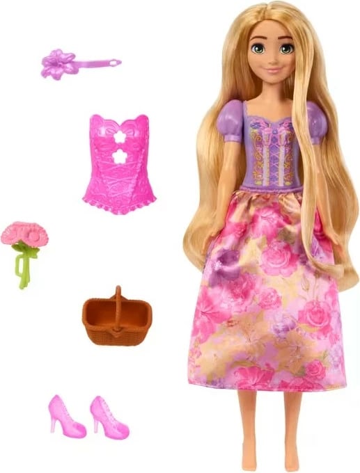 Kukull Disney Princess Mattel Spin & Reveal Roszpunka (Rapunzel), me aksesorë dhe ngjitëse