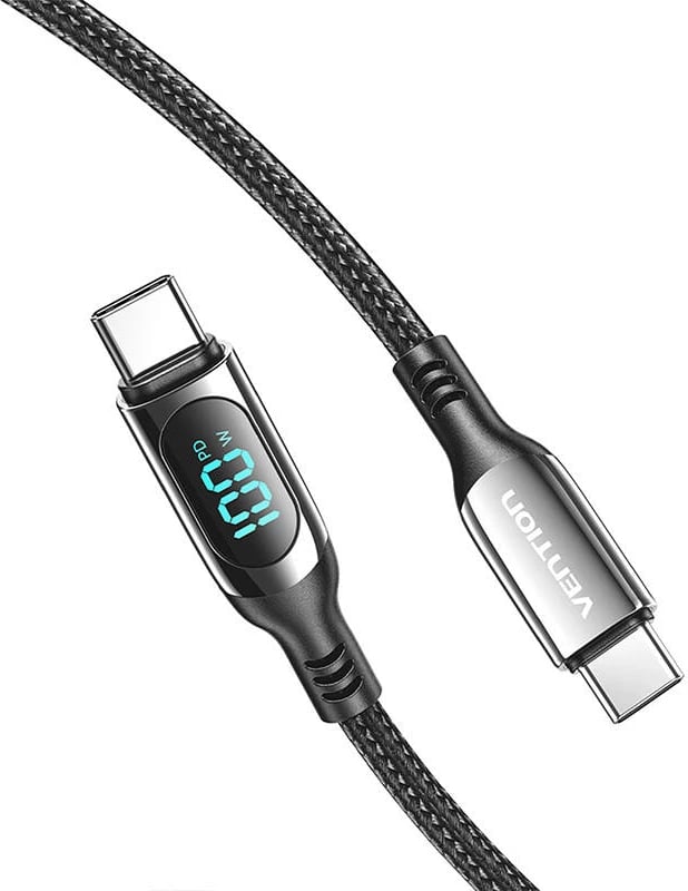 Kabllo USB-C në USB-C Vention TAYBAV, 1.2m, 100W, me ekran LED, e zezë