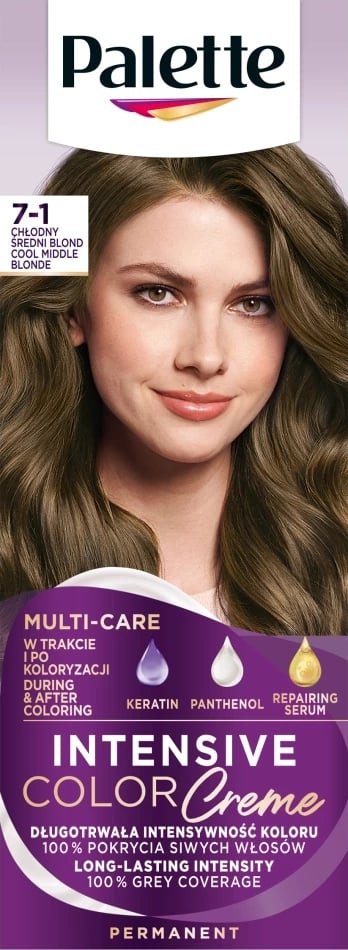Ngjyrë për flokë për femra Palette Intensive Color Creme 7-1 Blond i Mesëm i Ftohtë, 1 copë
