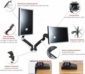 Mbajtës tavoline për 2 monitorë ART L-13GD, me gaz, 13-27", i zi