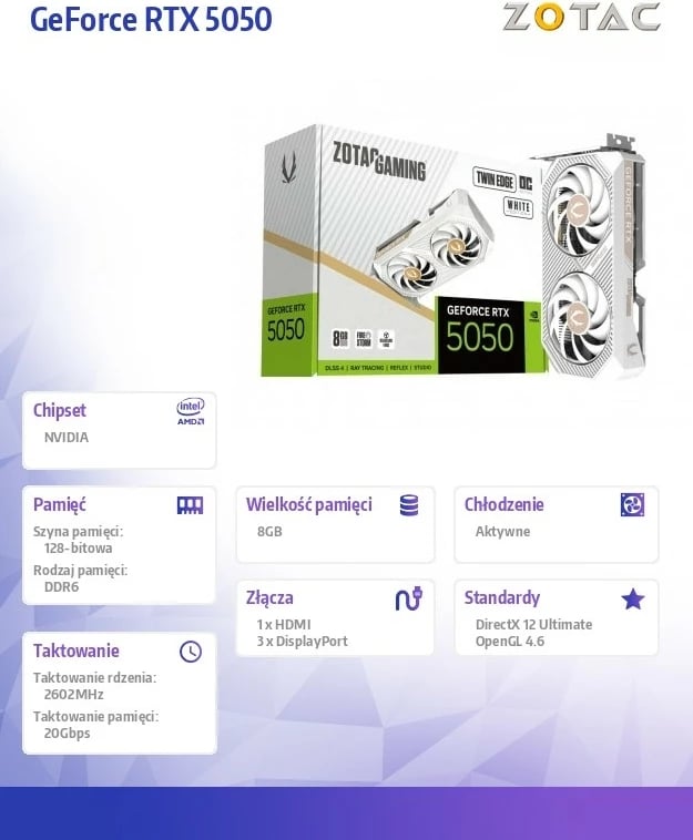 Kartelë grafike, ZOTAC, GeForce RTX 5050 Twin Edge OC (ZT-B50500Q-10M), 8GB GDDR6 128-bit PCIe 5.0 x8 3xDP/HDMI, e bardhë