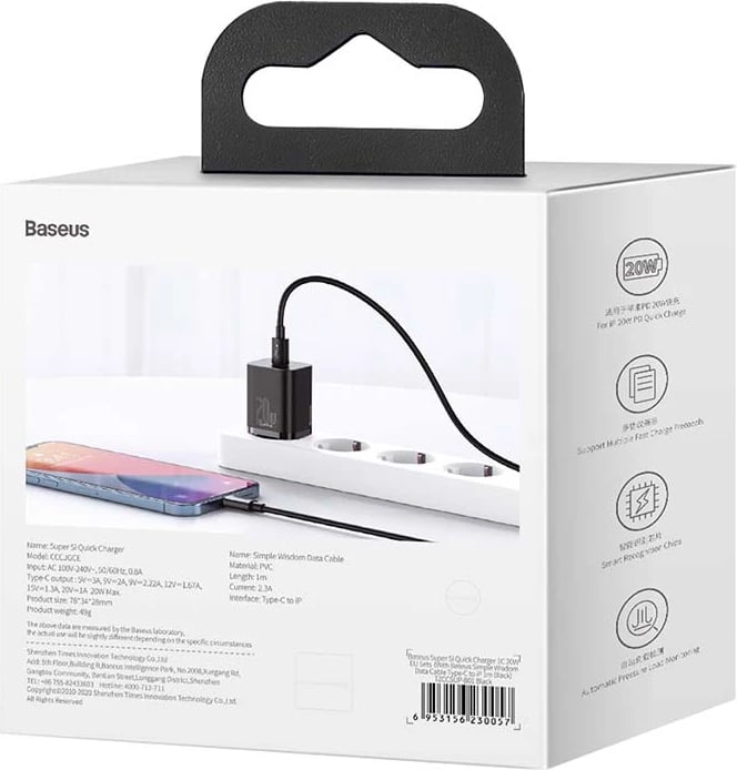 Karikues i shpejtë Baseus Super Si Quick Charger 1C TZCCSUP-B01 me kabllo USB-C në Lightning 1m, Zi