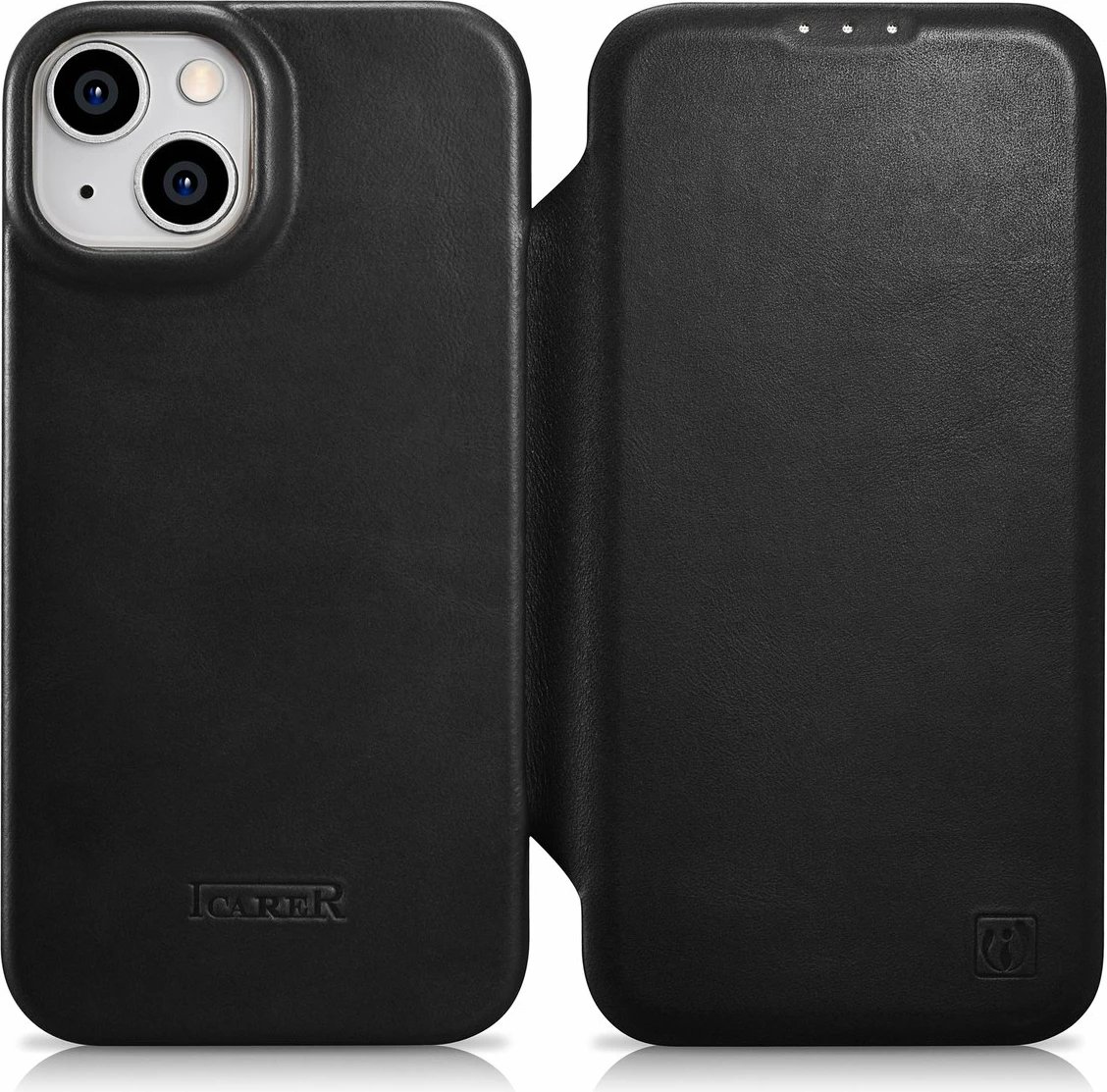 Mbështjellës iCarer Oil Wax Premium Leather Folio për iPhone 14 Plus, MagSafe, i zi