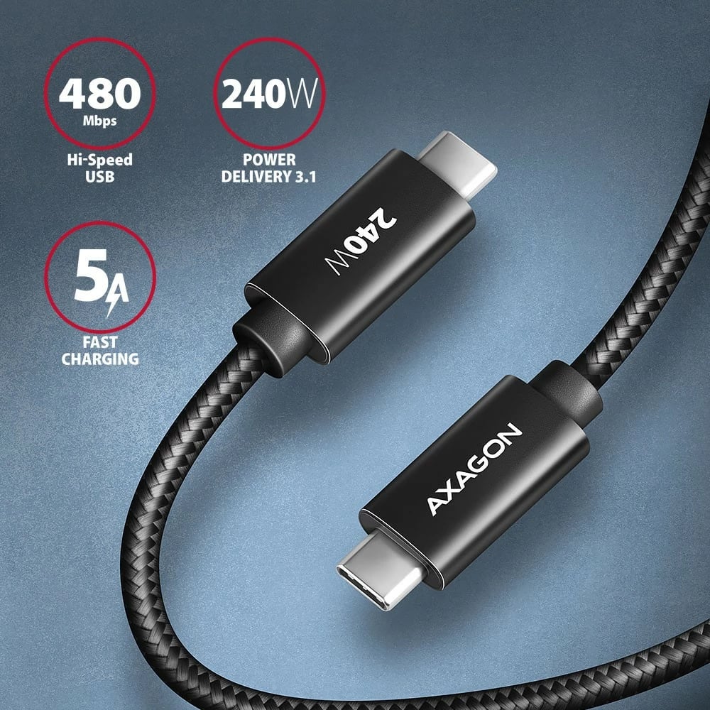 Kabllo USB-C në USB-C AXAGON BUCM2-CM20AB, 2m, 240W PD 3.1, e zezë