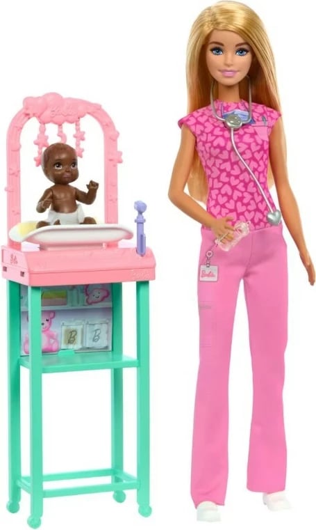 Set lodrash Barbie Mattel JCR71/JCR72 pediatre me foshnje dhe aksesorë, rozë