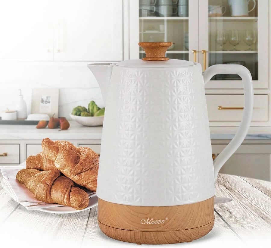 Çajnik elektrik Feel-Maestro MR-076, 1.8L, 1800W, qeramikë, bambu, Bardhë