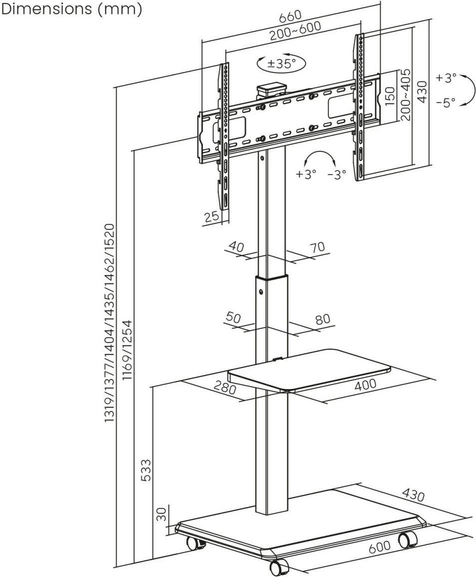 Karrocë mobile për TV Ergo Office ER-304B, për ekrane 37-75", e zezë