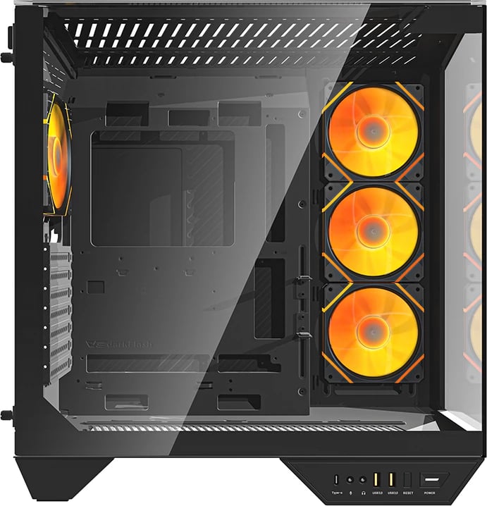 Kasë Darkflash DY470 me 4 ventilatorë ARGB dhe mbajtëse GPU, e zezë