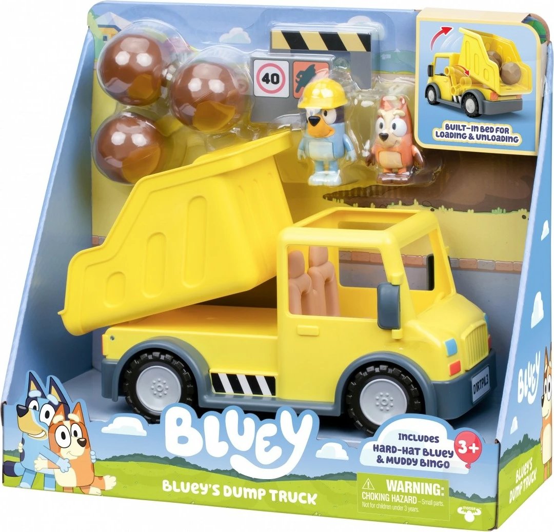Set lodrash Bluey me kamion dump truck dhe 2 figurina, plastikë, verdhë