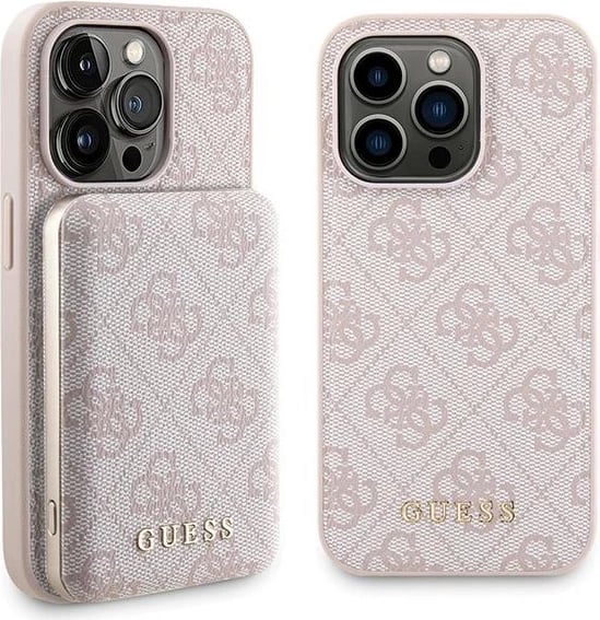 Mbështjellës Guess 4G Metal Logo me powerbank MagSafe 5000mAh për iPhone 15 Pro, Rozë, Set