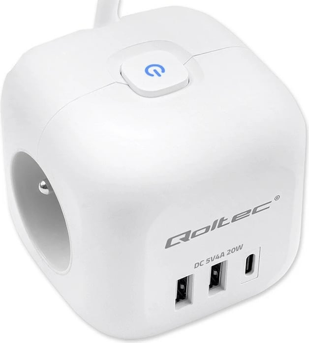 Kasë Qoltec 52547, 3x AC, 2x USB, 1x USB-C PD 20W, 2m, Bardhë